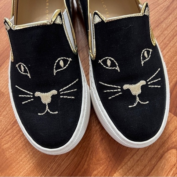 Charlotte Olympia - Kitty Cat Platform Slip On Sneakers - Black & Gold - Sz 36 - Picture 7 of 8